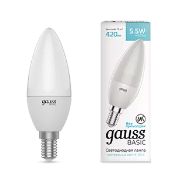 Лампа Gauss Basic Свеча 5.5W 410lm 4000K E14 LED 220V