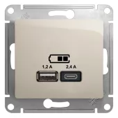 Зарядка USB типа A+С, 1х2400мА или 2х1200мА, молочный, Systeme Electric, серия Glossa