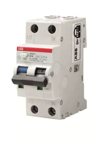 Автоматический выключатель дифференциального тока (АВДТ) ABB DS201 new, 10A, 100mA, тип AC, кривая отключения B, 2 полюса, 6kA, электро-механического типа, ширина 2 модуля DIN