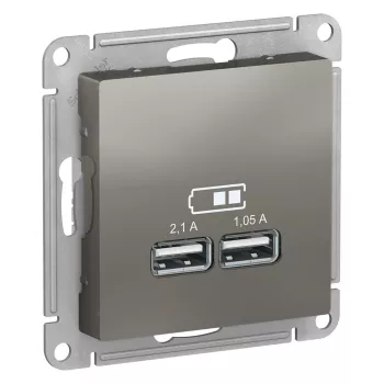 Розетка usb для зарядки Schneider Electric Atlas Design, с двумя разъёмами типа А, на винтах, сталь