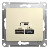 Зарядка USB типа A+С, 1х2400мА или 2х1200мА, бежевый, Systeme Electric, серия Glossa