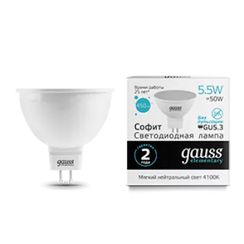 Лампа Gauss Elementary MR16 5.5W 450lm 4100К GU5.3 LED 220V