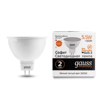 Лампа Gauss Elementary MR16 5.5W 430lm 3000К GU5.3 LED 220V